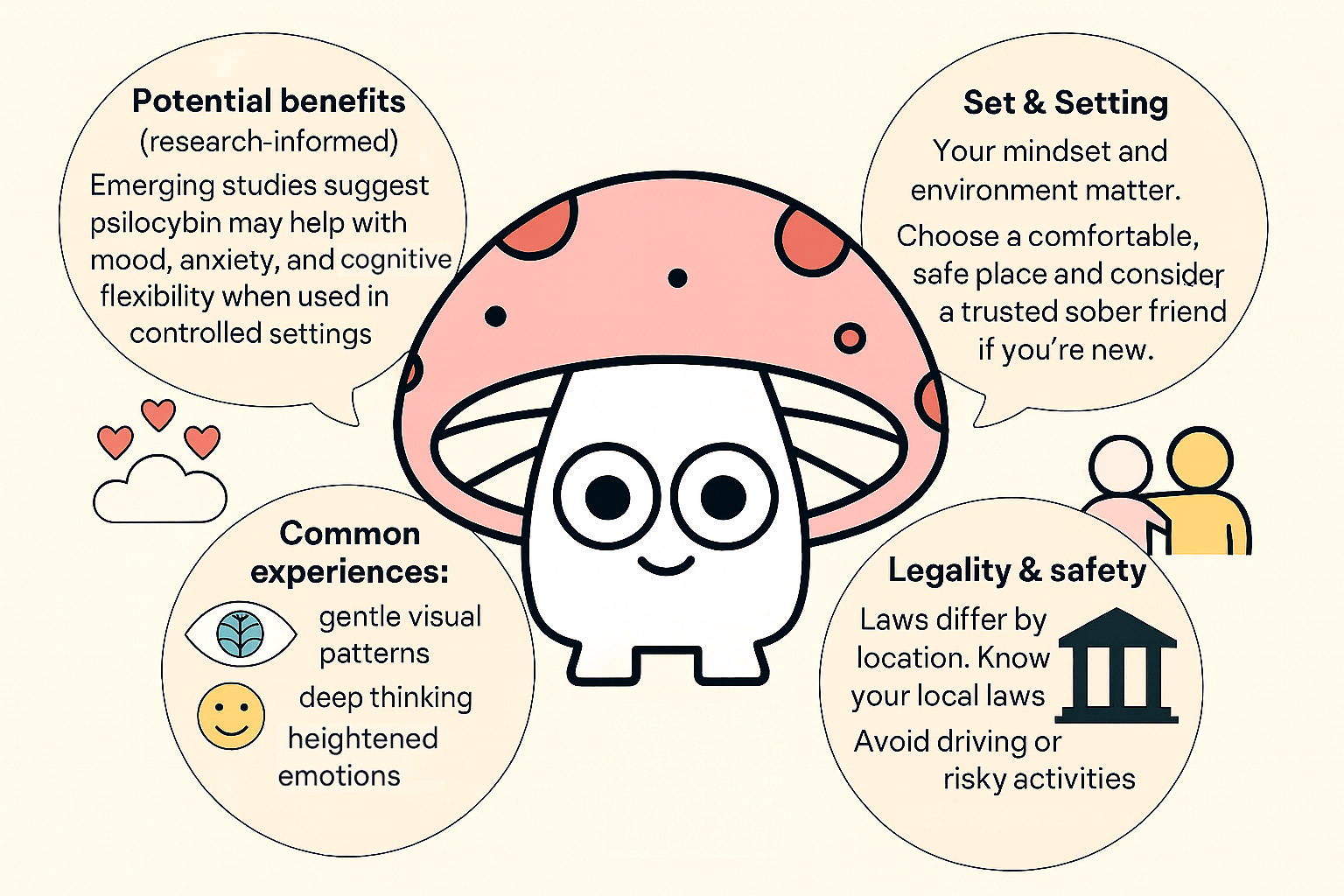 Magic mushrooms overview with benefits, set & setting, common experiences, and safety